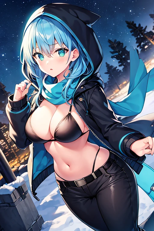 1girl, blue hair, medium hair, large breasts, breasts, green eyes, scarf, covered mouth, jacket, forest, snow, black jacket, hoddie, hooded jacket, hood on, hood up, zipper, gloves, glowing hair, glowing eyes, light blue hair, sky blue hair, night sky, sky, stars, pants, tall, hourglass figure, mature female, thick thighs, pants, belt, long pants, bikini top