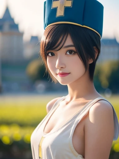 20 year old Japanese beauty,Slim and cute、Bulge of lateral breasts、Slit eyes、A head-to-toe view,Bust is very very large、The background is a European castle、High quality photos、Clear, crisp images of the lower body、Masterpiece 8k、Smiling、I have a mushroom in my hand、Dragon Quest III female priest cosplay