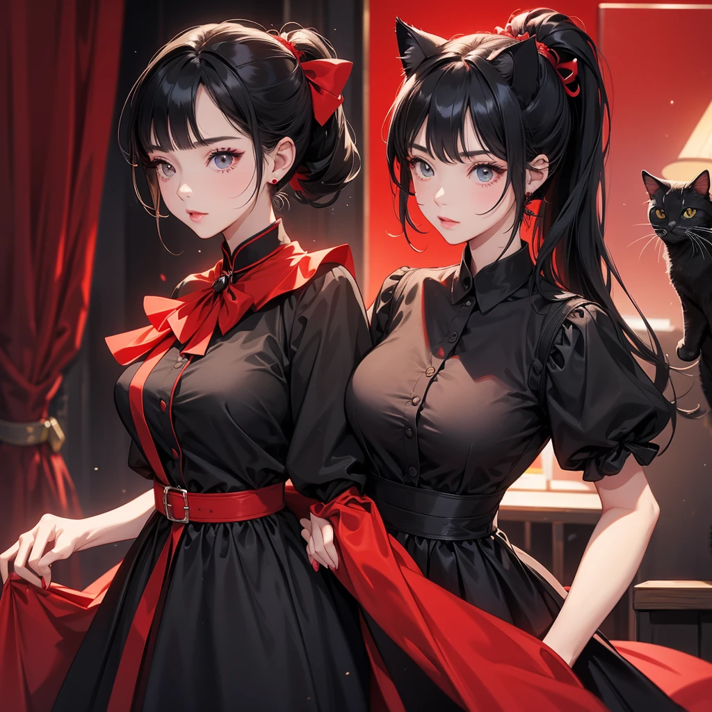Big Breasts、Cool Girl、Black Hair、High ponytail hairstyle、red clothes、Black Shirt、Dress freely、Cat Ear Pose、evening、super high quality