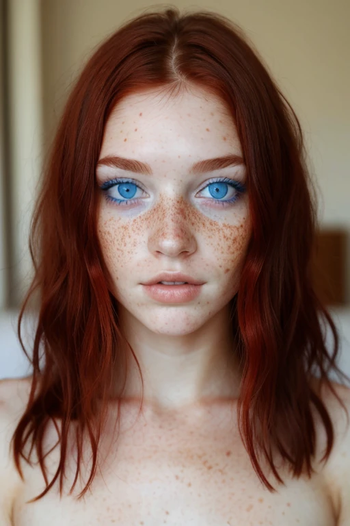 A beautiful girl with blue eyes and dark red hair with freckles