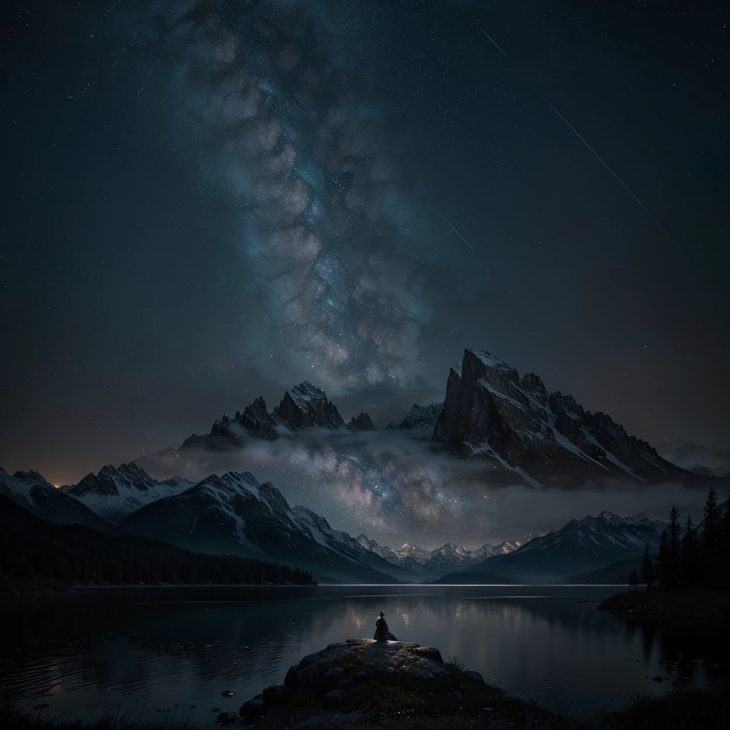 Starry sky with mountains and lake, Jessica Rossier, Inspired by Jessica Rossier, Jessica Rossier Fantasy Art, Concept Art Magic Highlights, official artwork, Draw a dream picture, impersonal kingdom, atmospheric work of art, Dreamy matte painting, Endless Quiet Stars inspired by Ted Nasmith, A starry, moonlit environment., epic music album cover.