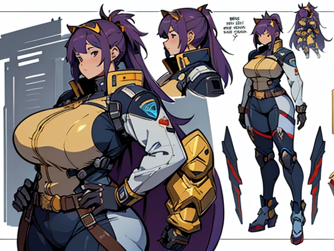 Close-up of a plump woman in a mecha bodysuit, ((character concept art)), ((character design sheet, same character, front, side, back)) character art of maple story, video game character design, video game character design, maple story plump girl, girl wearing cute mecha hairpin on her head, purple glowing decoration on girl's mecha armor, expert high detail concept art, metal bullet concept art, funny character design, plump woman anime inspiration, sticky tar. Concept art, belt buckle at waist, mechanical weapon, mechanical wings