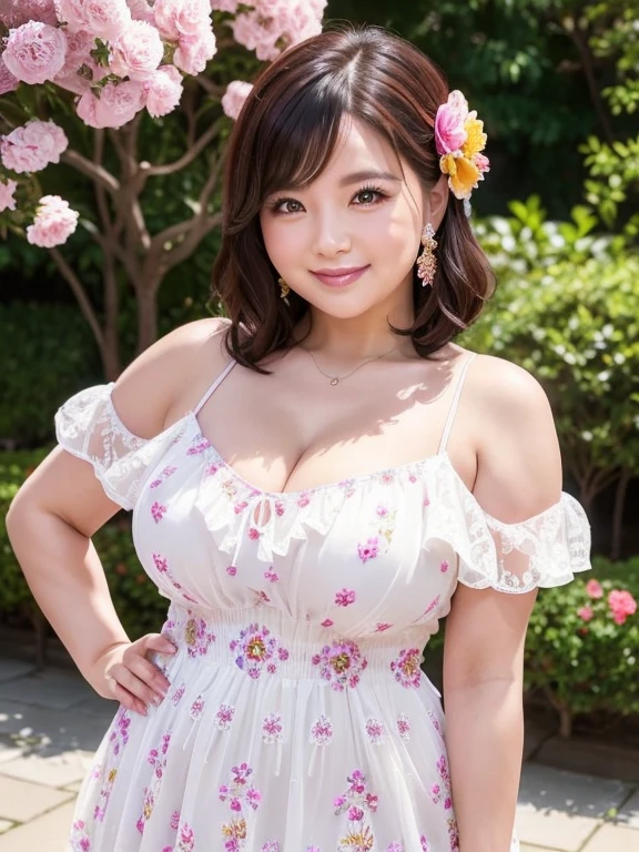 A beautiful and hot almost chubby mature woman.who is wearing a patterned short dress and is and standing in the park. A smiling face、sexy woman、A radiant smile、adorable、race、Frills、Colorful design、Full-length mirror、An inviting gaze、Gorgeous long and beautiful hairstyle、variation Hairstyle、Open neck blouse、Flower Garden、(flower:1.2)、Full body photo、((Delicately decorated dress))、1人, 