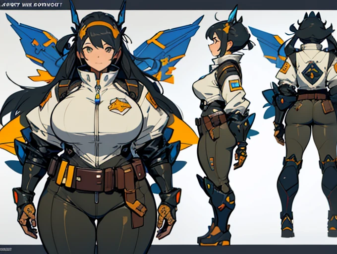 Close-up of a plump woman in a mecha bodysuit, ((character concept art)), ((character design sheet, same character, front, side, back)) character art of maple story, video game character design, video game character design, maple story plump girl, girl wearing cute mecha hairpin on her head, yellow glowing decoration on girl's mecha armor, expert high detail concept art, metal bullet concept art, funny character design, plump woman anime inspiration, sticky tar. Concept art, belt buckle at waist, mechanical weapon, mechanical wings