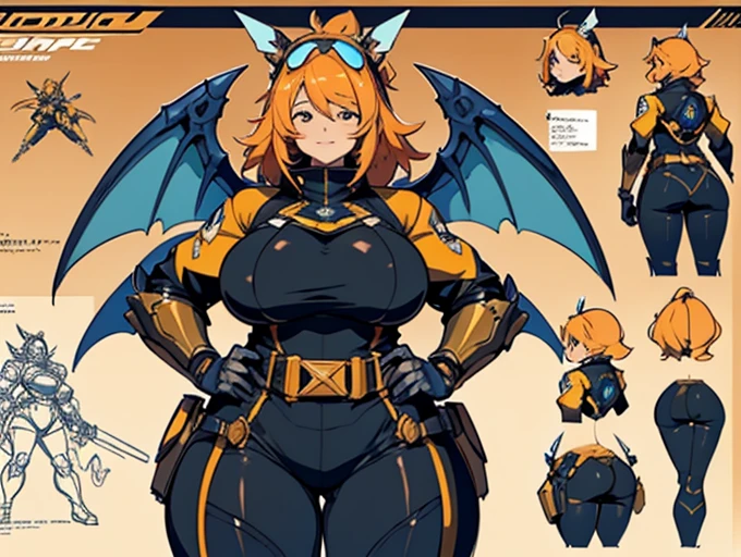 Close-up of a plump woman in a mecha bodysuit, ((character concept art)), ((character design sheet, same character, front, side, back)) character art of maple story, video game character design, video game character design, maple story plump girl, girl wearing cute mecha hairpin on her head, yellow glowing decoration on girl's mecha armor, expert high detail concept art, metal bullet concept art, funny character design, plump woman anime inspiration, sticky tar. Concept art, belt buckle at waist, mechanical weapon, mechanical wings