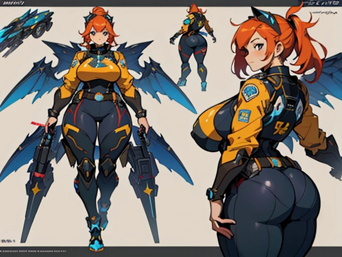 Close-up of a plump woman in a mecha bodysuit, ((character concept art)), ((character design sheet, same character, front, side, back)) character art of maple story, video game character design, video game character design, maple story plump girl, girl wearing cute mecha hairpin on her head, yellow glowing decoration on girl's mecha armor, expert high detail concept art, metal bullet concept art, funny character design, plump woman anime inspiration, sticky tar. Concept art, belt buckle at waist, mechanical weapon, mechanical wings