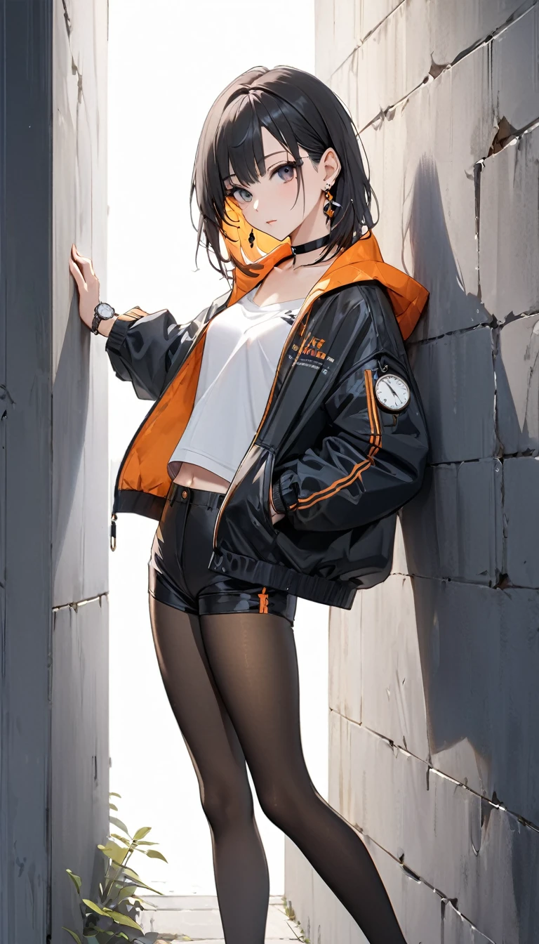 Highest quality, wonderful_delicate, beautiful, 8k, Jacket, Earrings, choker, concept,whole body,Leaning against a wall,Watch the viewer with a sideways glance,Low-rise mini hot pants,Black Pantyhose,Groin