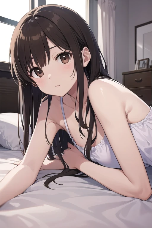 NSFW(４ｋquality, 最高quality, Takagi１, Brown eyes, length_hair, Ultra-small_chest,）A vivid face　White bra　White panties　　１６Year　Seductive pose　Fascinating　　Beautiful Abs　　綺麗なOcean岸　Ocean　Bedroom　Night view