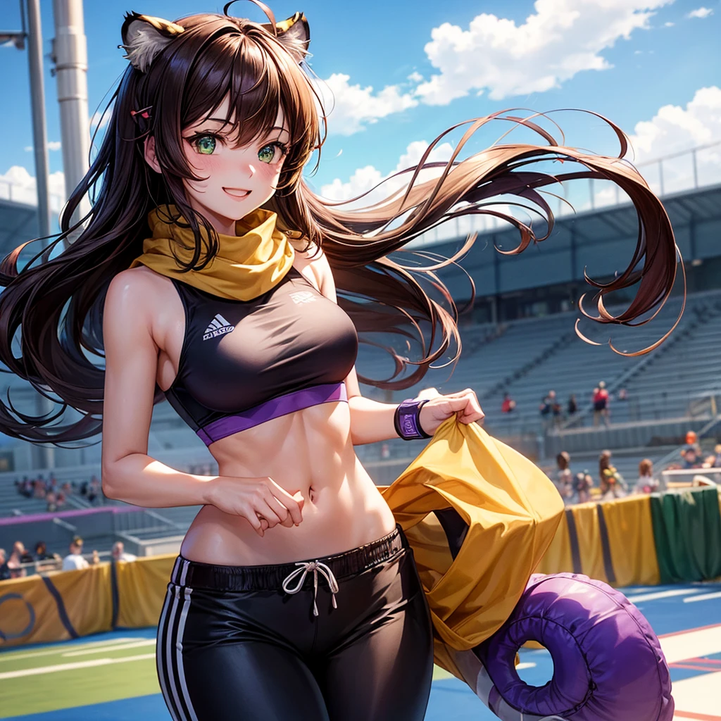 female): solo, (perfect face), (detailed outfit), (20 years old), lovely female, (tiger ears), happy, (happy smile), (placing hand on chest), brown hair, long hair, asymmetrical hair, green eyes, pale skin, medium chest_circumference, (black jersey), (purple jersey pants), (hairpin), (wristband), (scarf)
(background): from front, outdoor, (athletics stadium), (track), (bleachers), (sky), (flags), aft