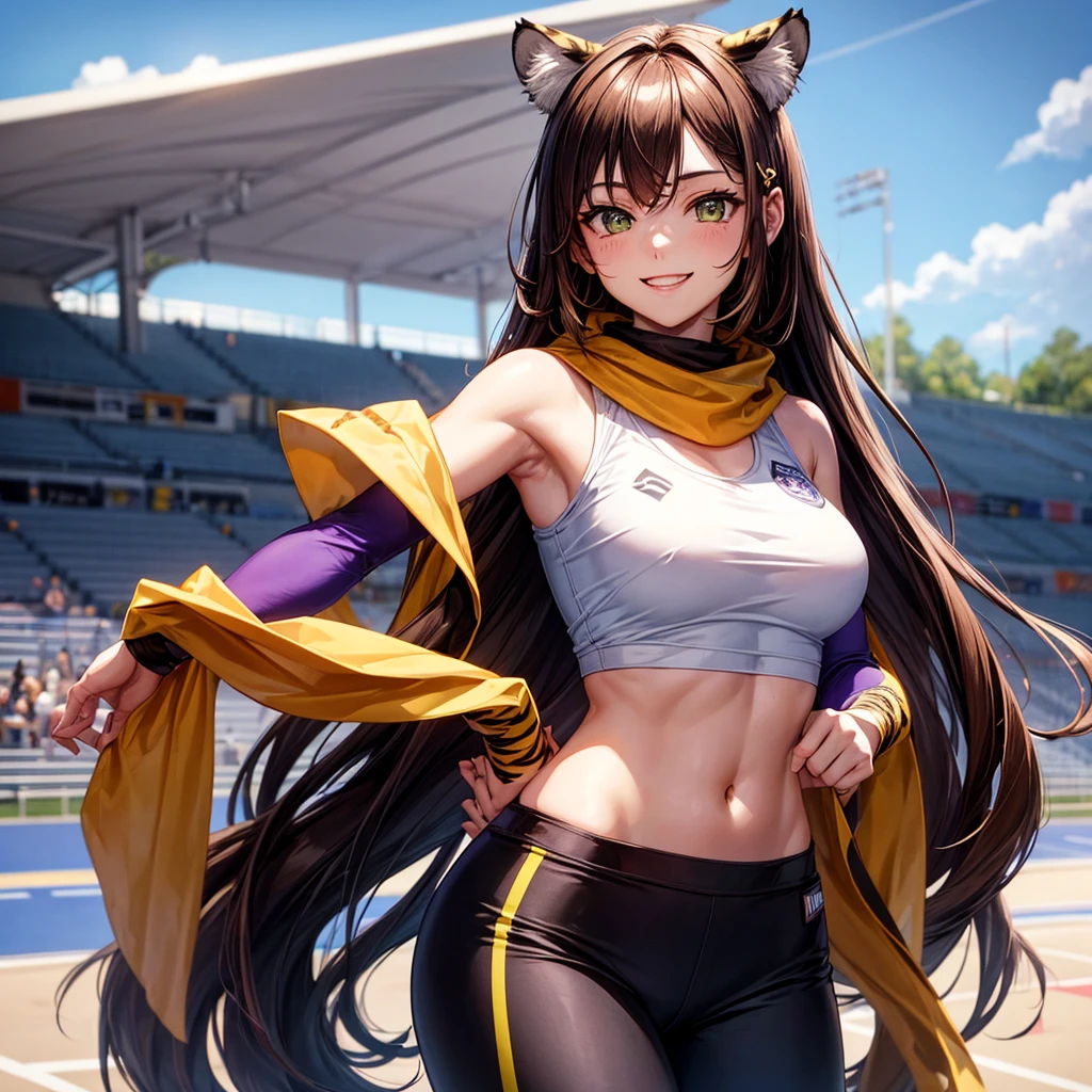 female): solo, (perfect face), (detailed outfit), (20 years old), lovely female, (tiger ears), happy, (happy smile), (placing hand on chest), brown hair, long hair, asymmetrical hair, green eyes, pale skin, medium chest_circumference, (black jersey), (purple jersey pants), (hairpin), (wristband), (scarf)
(background): from front, outdoor, (athletics stadium), (track), (bleachers), (sky), (flags), aft