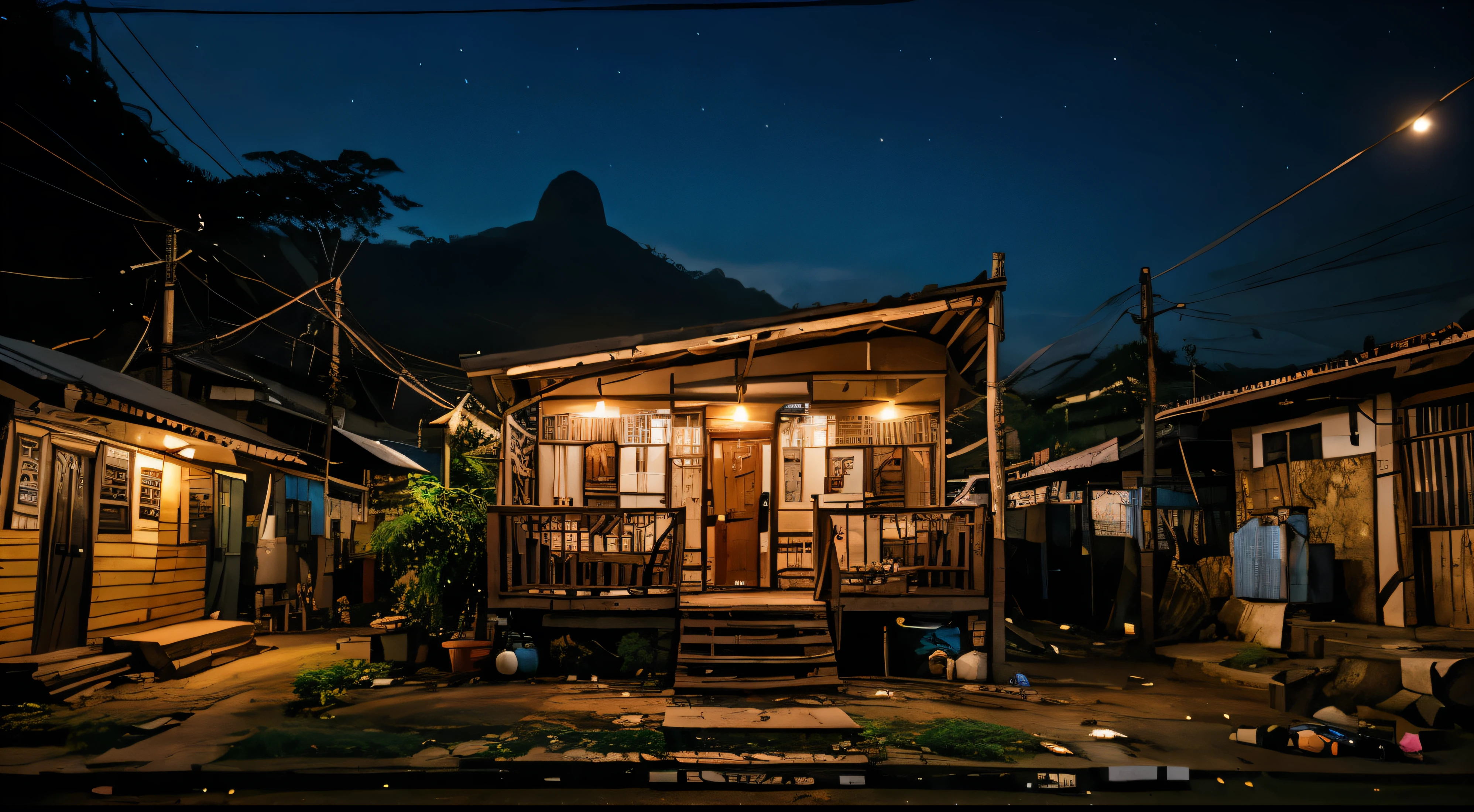 Namaste. small and beautiful shack, in a favela in Rio de Janeiro. details Intricate. cinematic lighting. Strong and bright colors