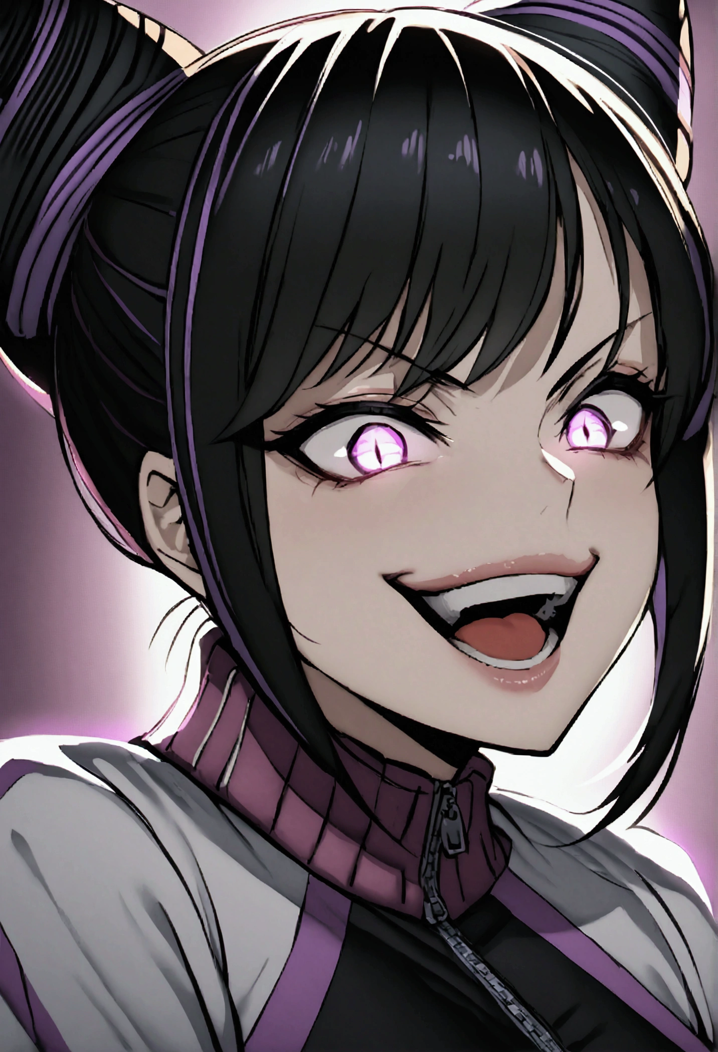 dark eye shadow,shining eyes,beautiful young fitness woman with , in a gym wearing May with black pantyhose, tight white and purple gym jacket. standing alone,hair horns,glowing purple eyes,Evil smile,legging preto ,labiaa,dark eye shadow,shining eyes,close up,open mouth with big evil smile