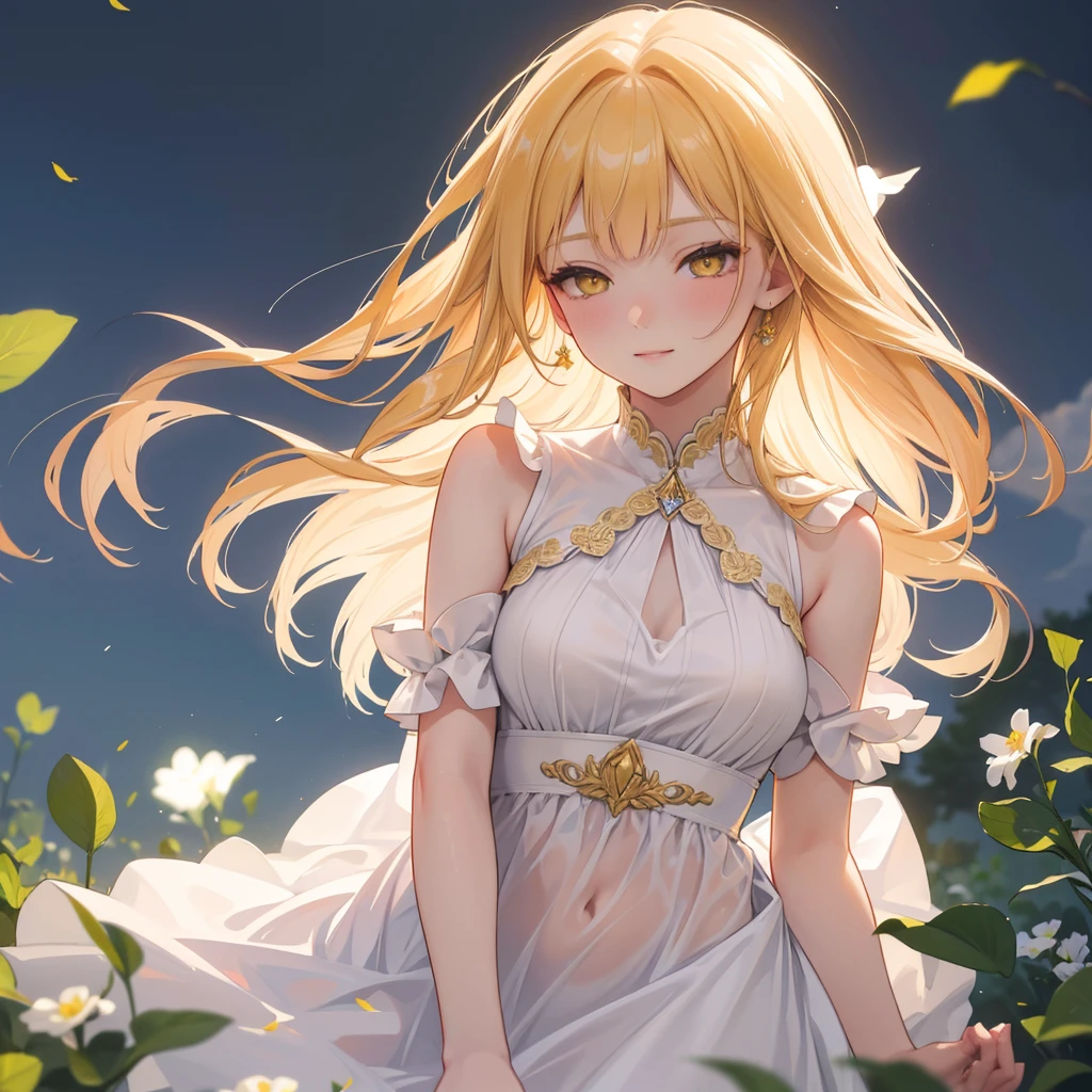 a girl with very long straight ginger hair,yellow eyes,calm expression,goddess-like smile,wearing greek goddess dress,flying in flower meadow garden,(best quality,4k,8k,highres,masterpiece:1.2),ultra-detailed,(realistic,photorealistic,photo-realistic:1.37),highly detailed,intricate details,dramatic lighting,cinematic,glowing skin,volumetric lighting,ethereal,serene,tranquil,natural