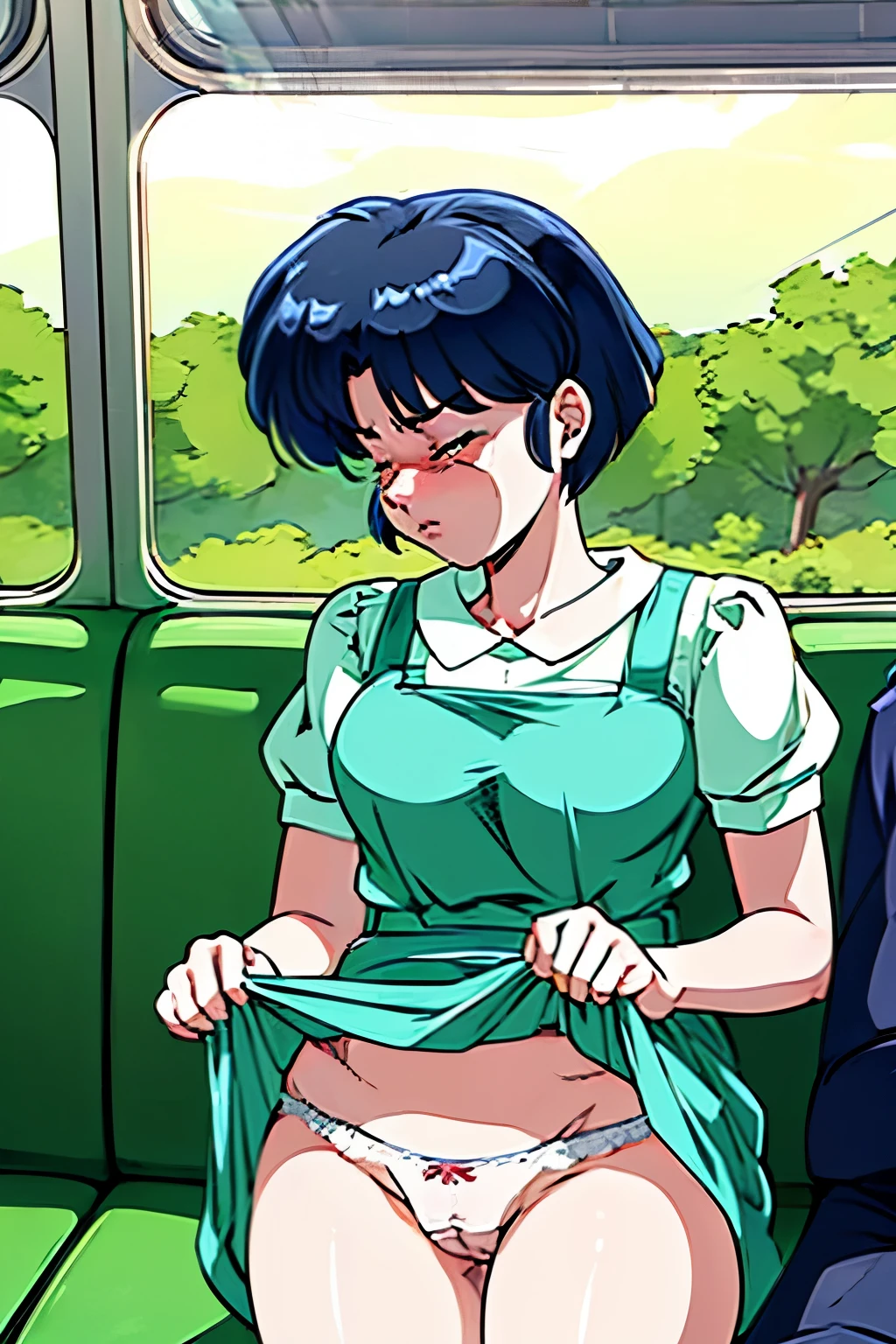 ((masterpiece)),((best quality)),ultra-detailed,illustration,Explicit,Beautiful body,Beautiful Nose,perfect eyes,perfect face,wallpaper,ultra highres,4K,photography,anime screencap,official style,shiny skin,faint lips,BREAK,nsfw,1girl,solo,Akane_tendo,Blue hair,furinkanuniform,slender,wearing white panties,BREAK,blush,angry,closed eyes,closed mouth,tears,cameltoe,lift skift,show white panties,looking side,(cowboy shot:1.2),from forward,on the train