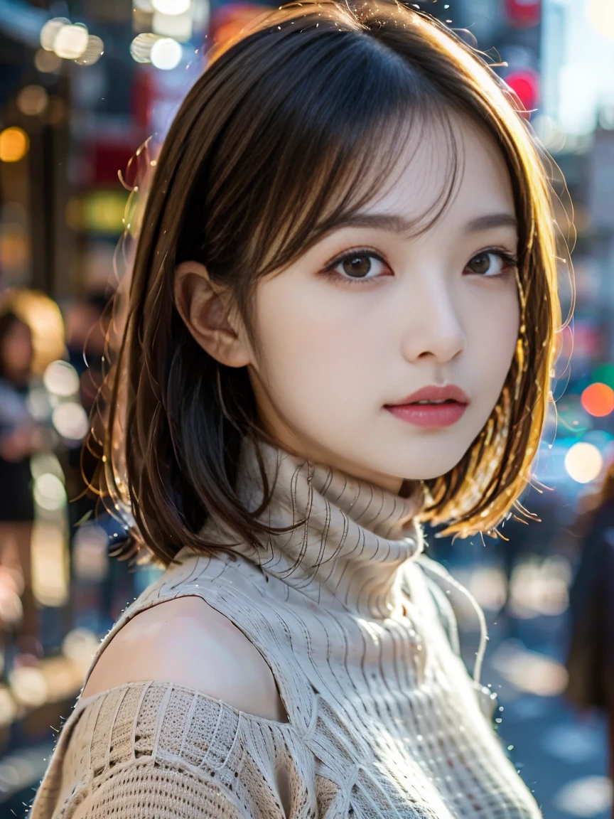 (huge 、Turtleneck knit、Shoulder bag)、(Highest quality,masterpiece:1.3,超A high resolution,),(Ultra-detailed,Caustics),(Photorealistic:1.4,RAW shooting,)Ultra-Realistic Capture,Very detailed,High resolution 16K for human skin、 The skin texture is natural、、The skin looks healthy、The color is also uniform.、 Use natural light and colour,One Woman,Japanese,,cute,Black-haired,Mid-length hair,(Depth of written boundary、chromatic aberration、、Wide range of lighting、Natural Shading、)、(Hair swaying in the wind:1.2)、Tokyo cityscape