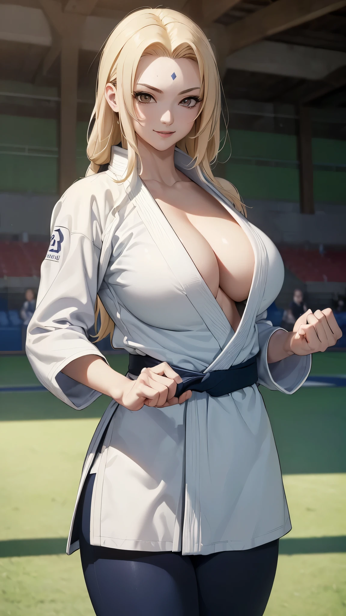 (((masterpiece))),(((High resolution)))、(((8K quality)))、(((Perfect Face)))、((Top quality eyes)), (((White judo uniform))), One Woman、Tsunade Defense, Forehead mark,  Big Breasts、Cleavage, cowboy shot, dynamic angle, sexy pose, bewitching pose, Model Pose, smile, Arena with Judo hall at Olympic venue,