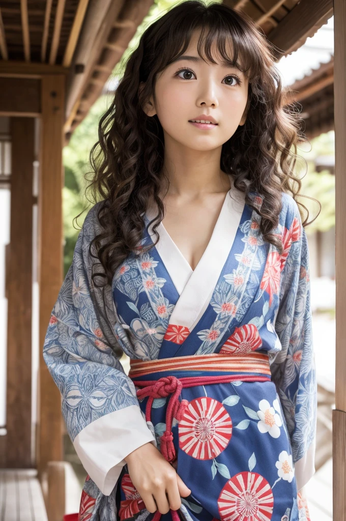 Japanese whole body Curly Hair cute RAW photograph yukata Real geta Whitening older sister looking at the camera Looking up, front