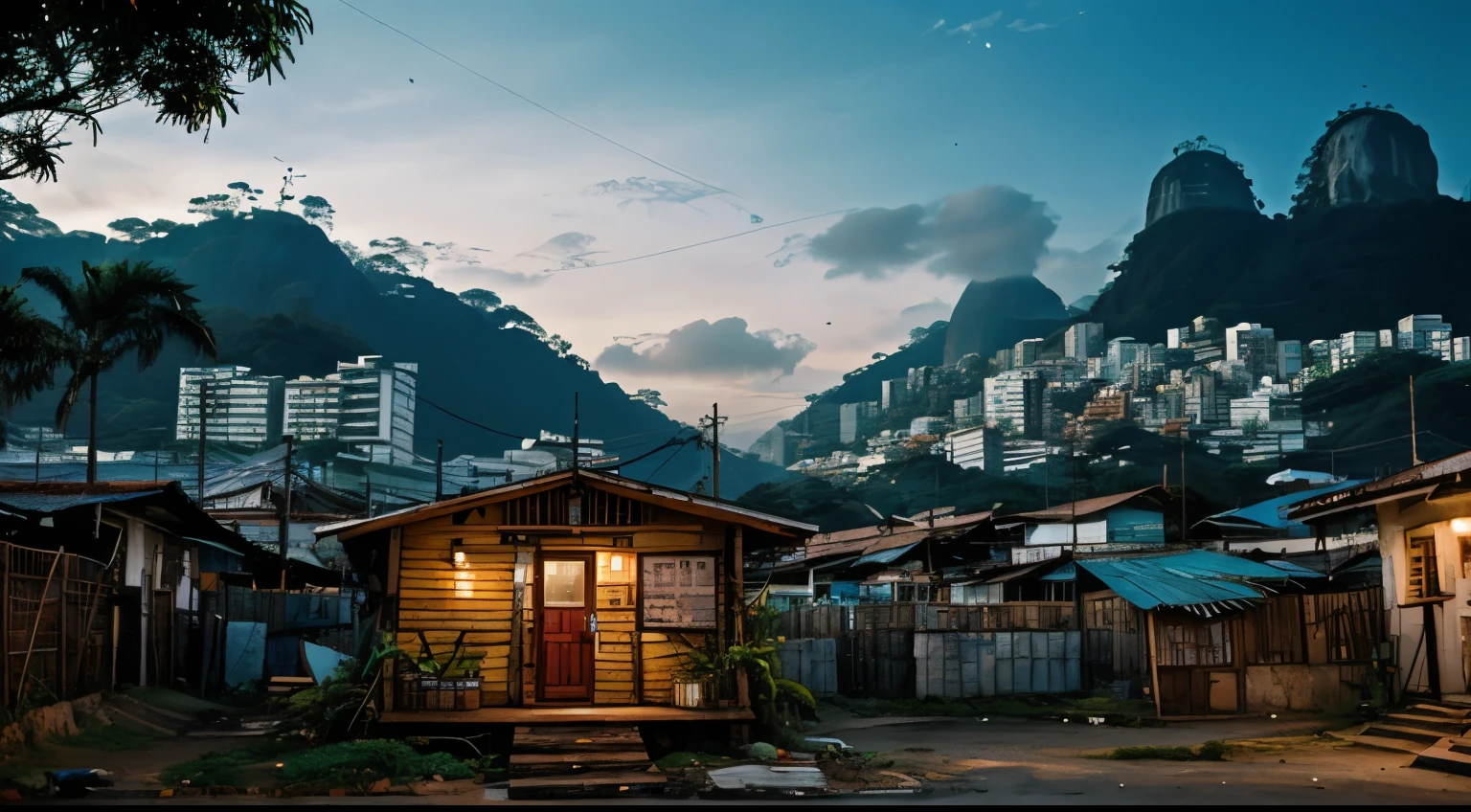 Namaste. small and beautiful shack, in a clean favela in Rio de Janeiro. details Intricate. cinematic lighting. Strong and bright colors