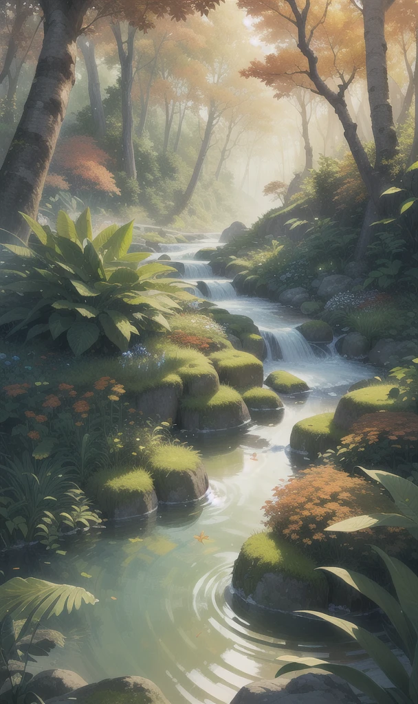 (masterpiece, best quality, high quality, high resolution:1.4), Extremely detailed, ambient soft lighting, 4K,
outdoor, nature, forest, Trees, Grass, plant, Flowers, river, Caustics, Water Flow, ripple, (Fall:1.2), pond, jungle, Lush leaves, fern,
 