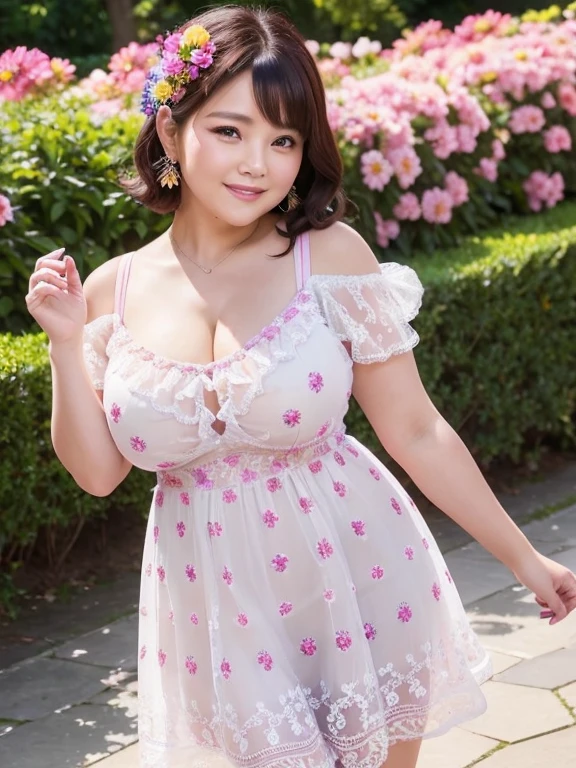 A beautiful and hot almost chubby mature woman.who is wearing a patterned short dress and is and standing in the park. A smiling face、sexy woman、A radiant smile、adorable、race、Frills、Colorful design、Full-length mirror、An inviting gaze、Gorgeous long and beautiful hairstyle、variation Hairstyle、Open neck blouse、Flower Garden、(flower:1.2)、Full body photo、((Delicately decorated dress))、1人, 