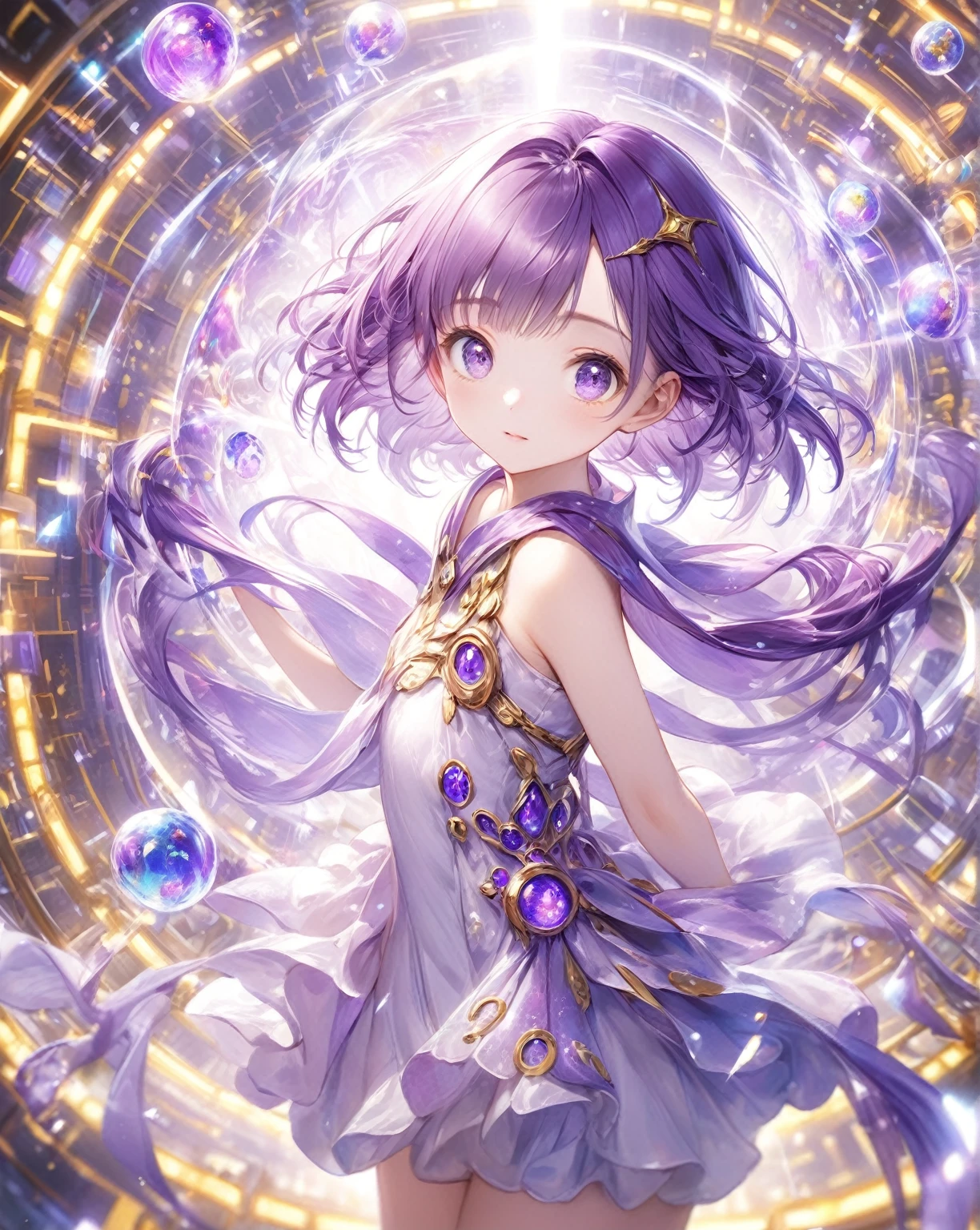 (Highest quality,8k,32K,masterpiece,Ultra-high resolution :1.2 ),born,One girl,Super cute,Natural light,Clear, shining eyes,20-year-old,Fair skin,Electronic world fantasy background,Purple Hair,