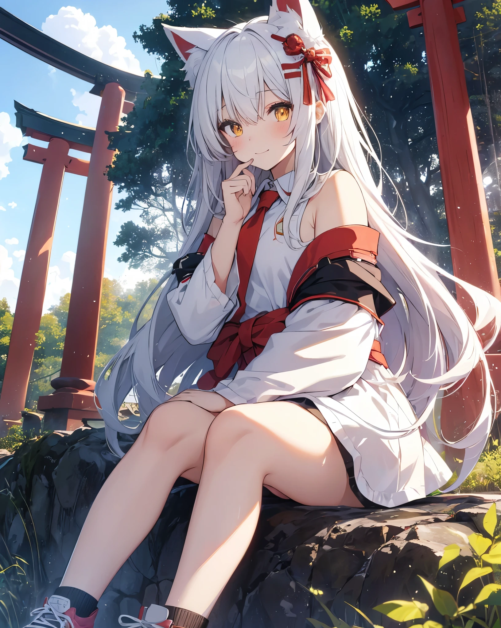 GENERAL DETAILS (Highest quality, Masterpiece: 1.2), (Solo), 4K, 8k, hdr, ultra vibrant colors, detailed cute shot CHARACTER DESCRIPTION 1girl, cat ears, neko ears, fox tail. she's my girlfriend. solo, ((yellow_detailed_eyes)), ((white_hair)). smile, long_hair, hair_between_eyes, Cute smile, she's flirting, looking_at_viewer, she blush. Vivid pupils. A girl immersed in the world of anime High school description Noise. CLOTHES bare shoulder, ribbon on hair, Red Ribbon as necktie, black transparent black shirt, white shorts, red ribbon on hair, white nike sneakers with black details. AMBIENT Japanese mountain, Red Torii, Blue sky, white clouds, hdr sky,(Anime coloring book sky), Heaven, cliff, mirage, meteorite, 1moon. CORRECTION easy hand pose ACTION she is sitting under a torii , near a Japanese temple surrounded by nature. in the middle of the forest. lensflare. sunflare. delicate shot.