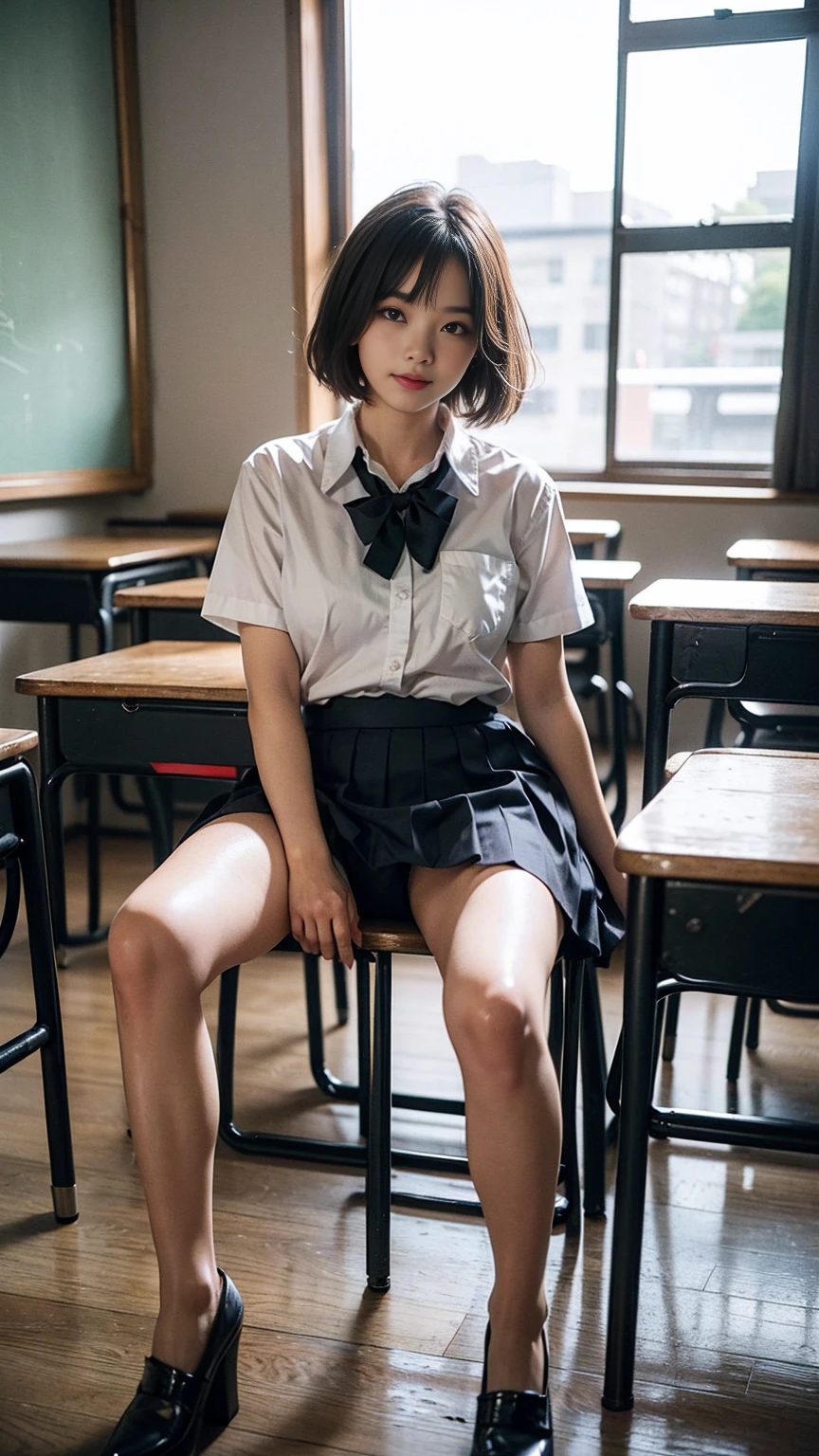(8K High Resolution), (Highest quality), (RAW Image Quality),(Tabletop:1.2), (Realistic), (Realistic:1.37), ,Large Eyes,Long eyelashes,(Live-action realistic style),The ultimate face,Realistic light and shadow,Distinct facial features,,Fair skin, ),Best Portrait, One girl,Beautiful attention to detail,Highly detailed skin,(Beautiful face with double eyelids), (realism: 1.4),((Full body image)) ,Delicate and beautiful face, Pretty Girl JC, Cute woman,(Beautiful Face 1.4),short hair,((制服を着た日本のPretty Girl JC)),(Show your best smile to the audience),Moist eyes, Beautiful Lips,((Shooting in the classroom)),(Sitting with your underwear showing), She spreads her legs erotically, Showing you my panties, White color panties,(I want to show you my panties),(Show me your panties),((Japanese school girl uniform)),Watery eye, Big Eyes, (制服を着た日本人Pretty Girl JC),