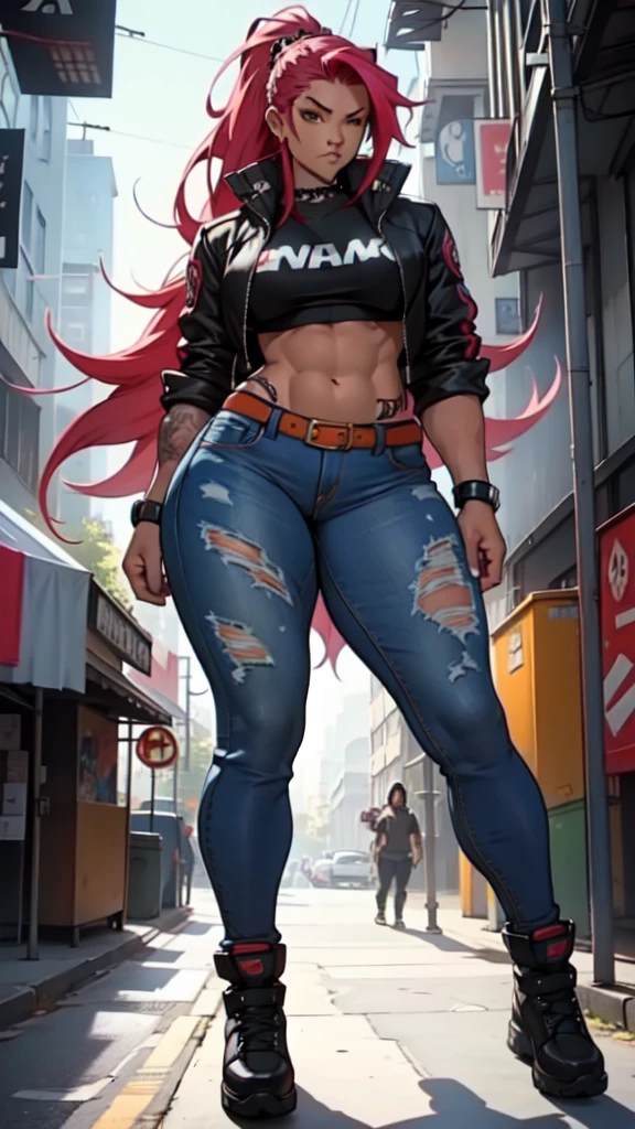 Red Head Girl with curly hair and tattoos of roses in shoulders and forearms,(((Full Body))) wearing blue top and jeans, (((squatting))), sunglasses, carrying a katana. ((Sexy legs)) She has one eye of each color: Green on The light, blue on The left. Witch/Celtic wearstyle, in Brazil. The scene should be in Cinematic's distinctive real life style, focusing on the characters' expressions, colors naturals and detailed textures characteristic of the animations.