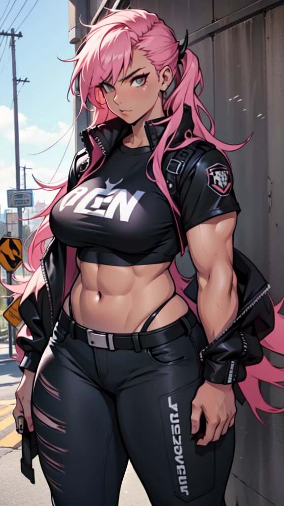 extremely long hair perfect anatomy 1 girl tall solo curvy ((muscular)),busty, punk clothes, muscular Thicc body