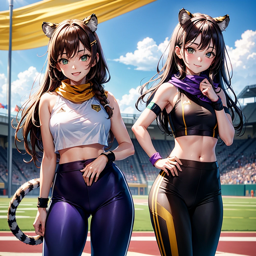 female): solo, (perfect face), (detailed outfit), (20 years old), lovely female, (tiger ears), happy, (happy smile), (placing hand on chest), brown hair, long hair, asymmetrical hair, green eyes, pale skin, medium chest_circumference, (black jersey), (purple jersey pants), (hairpin), (wristband), (scarf)
(background): from front, outdoor, (athletics stadium), (track), (bleachers), (sky), (flags), aft
