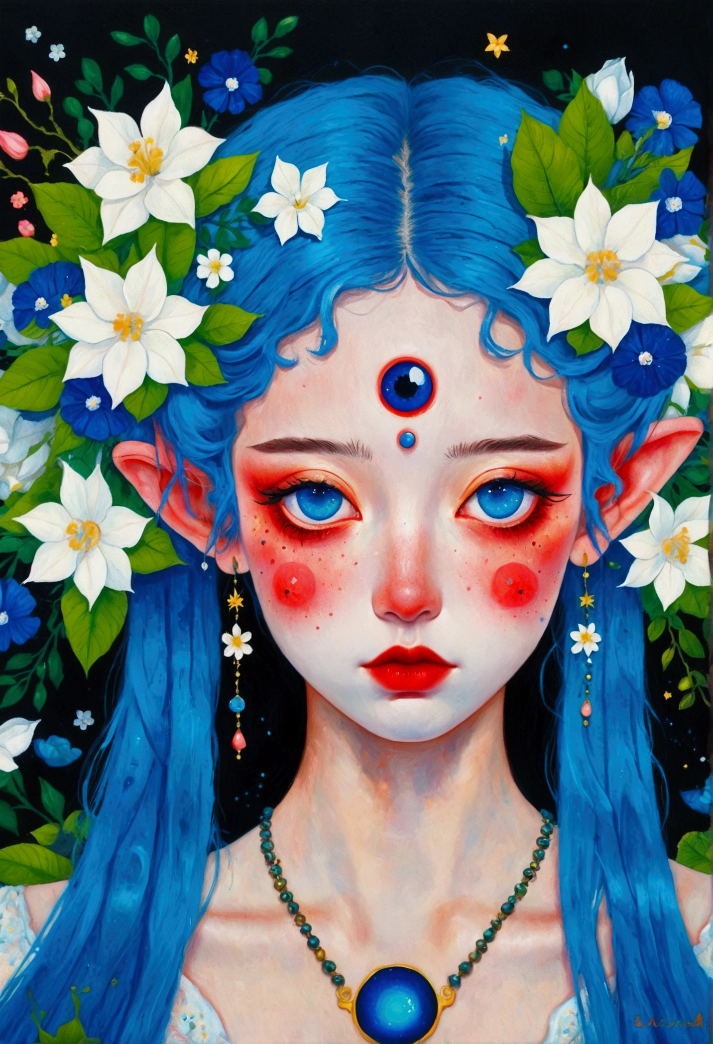 The painting shows a woman with blue hair and blue eyes，Elf ears，Exquisite accessories，Surrounded by flowers, Nandor Katona (Soldier Nándor) Surrealism, Winner of the Behance competition, Pop surrealism, Pop surrealism lowbrow art style, lowbrow Pop surrealism, japanese Pop surrealism, Third Eye Vision, Star-studded eyes, 