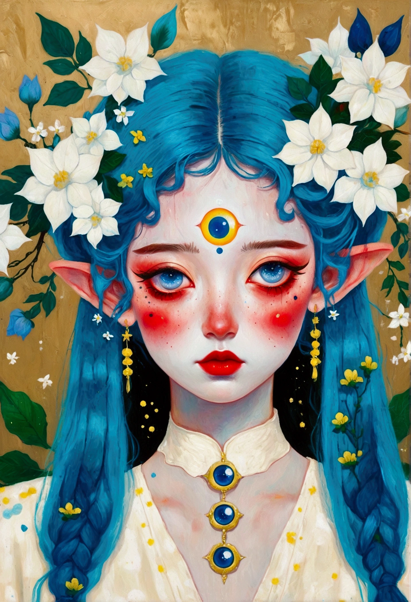 The painting shows a woman with blue hair and blue eyes,Elf ears,Exquisite accessories,Surrounded by flowers, Nandor Katona (Soldier Nándor) Surrealism, Winner of the Behance competition, Pop surrealism, Pop surrealism lowbrow art style, lowbrow Pop surrealism, japanese Pop surrealism, Third Eye Vision, Star-studded eyes,