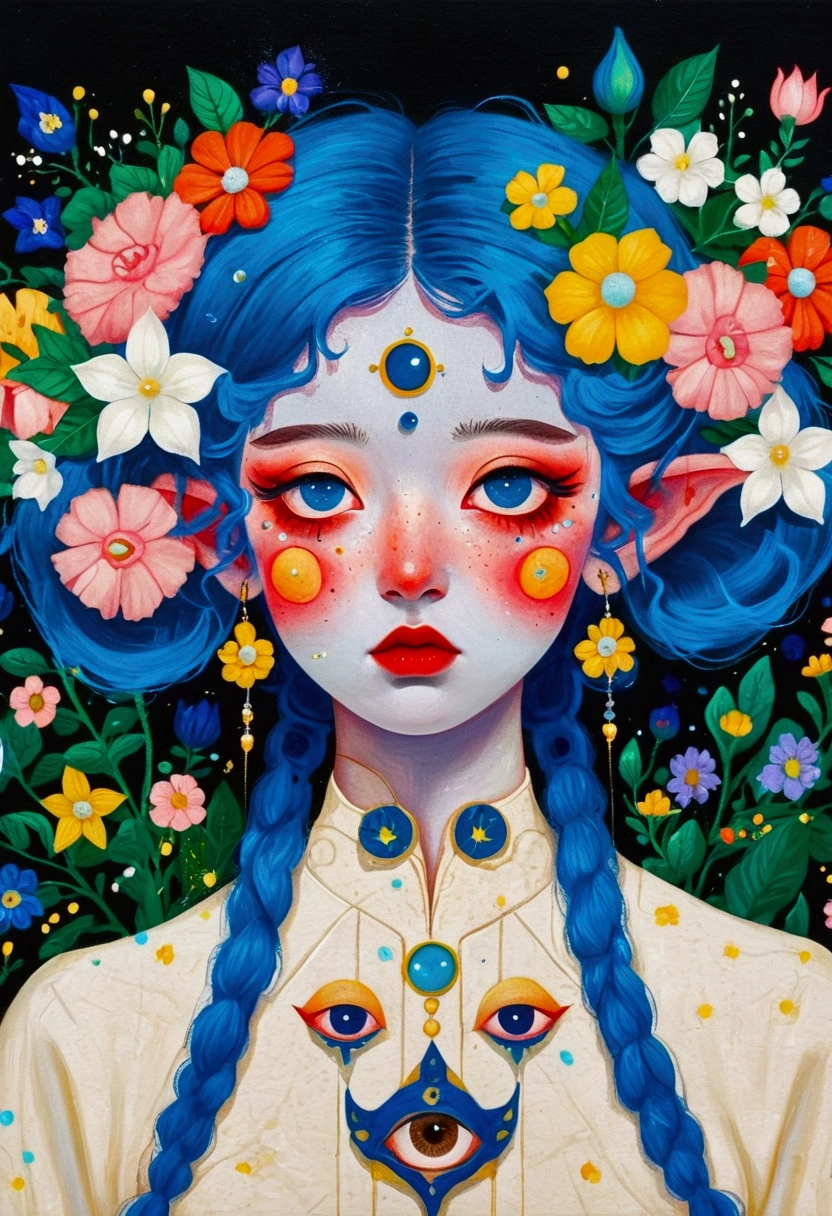 The painting shows a woman with blue hair and blue eyes，Elf ears，Exquisite accessories，Surrounded by flowers, Nandor Katona (Soldier Nándor) Surrealism, Winner of the Behance competition, Pop surrealism, Pop surrealism lowbrow art style, lowbrow Pop surrealism, japanese Pop surrealism, Third Eye Vision, Star-studded eyes, 