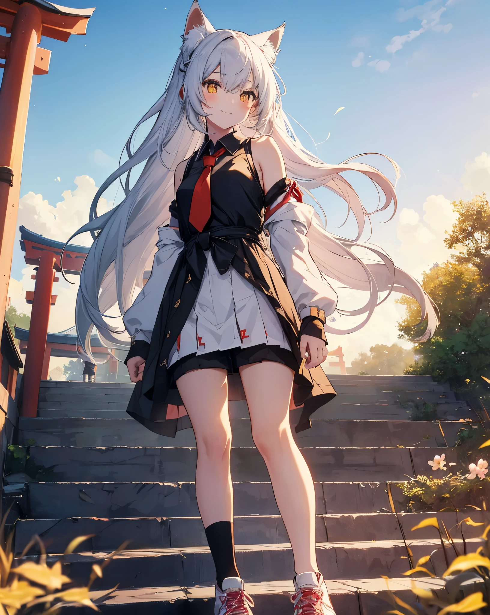 GENERAL DETAILS (Highest quality, Masterpiece: 1.2), (Solo), 4K, 8k, hdr, ultra vibrant colors, detailed cute shot CHARACTER DESCRIPTION 1girl, cat ears, neko ears, fox tail. she's my girlfriend. solo, yellow eyes, white_hair. smile, long_hair, hair_between_eyes, Cute smile, she's flirting, looking_at_viewer, she blush. Vivid pupils. A girl immersed in the world of anime High school description Noise. CLOTHES bare shoulder, ribbon on hair, Red Ribbon as necktie, black transparent black shirt, white shorts, red ribbon on hair, white nike sneakers with black details. AMBIENT Japanese mountain, Red Torii, Blue sky, white clouds, hdr sky,(Anime coloring book sky), Heaven, cliff, mirage, meteorite, 1moon. CORRECTION easy hand pose ACTION She is Climbing the steps of Torii course To reach a Japanese temple surrounded by nature. She is walking in front of me, she has partially turned towards me to hold out her hand as we go up the temple stairs