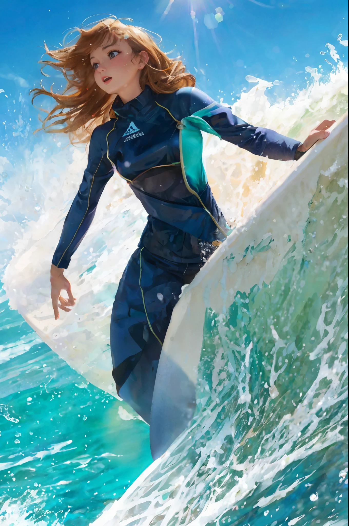 A woman surfing a wave at the beach, detailed face and body features, muscular build, tan skin, wetsuit, board under arm, sun-kissed hair, salty sea spray, beach scene in the background, realistic, high-definition, vibrant colors, bright sunlight, water droplets, (ocean:1.2), (beach:1.1), (surfboard:1.1),