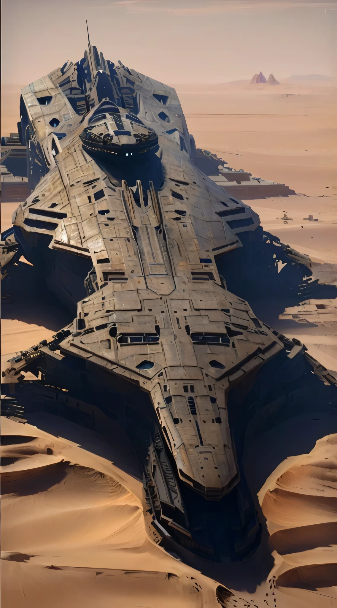 a close up of a large Star Destroyer in the desert, 《dune》spaceship, detailed spaceship, star citizen concept art, Sci-fi spaceship, Bastien Grieve, Star Destroyer in the background, sulaco Star Destroyer drop ship, Arakis, Epic megastructures, Star Destroyer, Dry riverbed spaceship, Bottom View , Leafhopper, scifi base