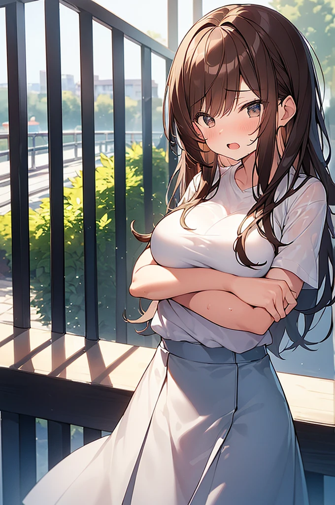 (Masterpiece, Top quality: 1.5), (1 girl, solo :1.2), (cute design short-sleeved shirt, midi skirt:1.4), (large breasts:1.4), (hold breasts by arms:1.4), standard weight, (brown hair:1.4), (airy hair, wavy hair:1.3), long hair ,asymmetry bangs, swept bangs, , angry:1.4, (flustered:1.3), sexual climax:1.3, beautiful scene of outdoor, dynamic pose, magnificent panorama view, wet:1.1, open mouth