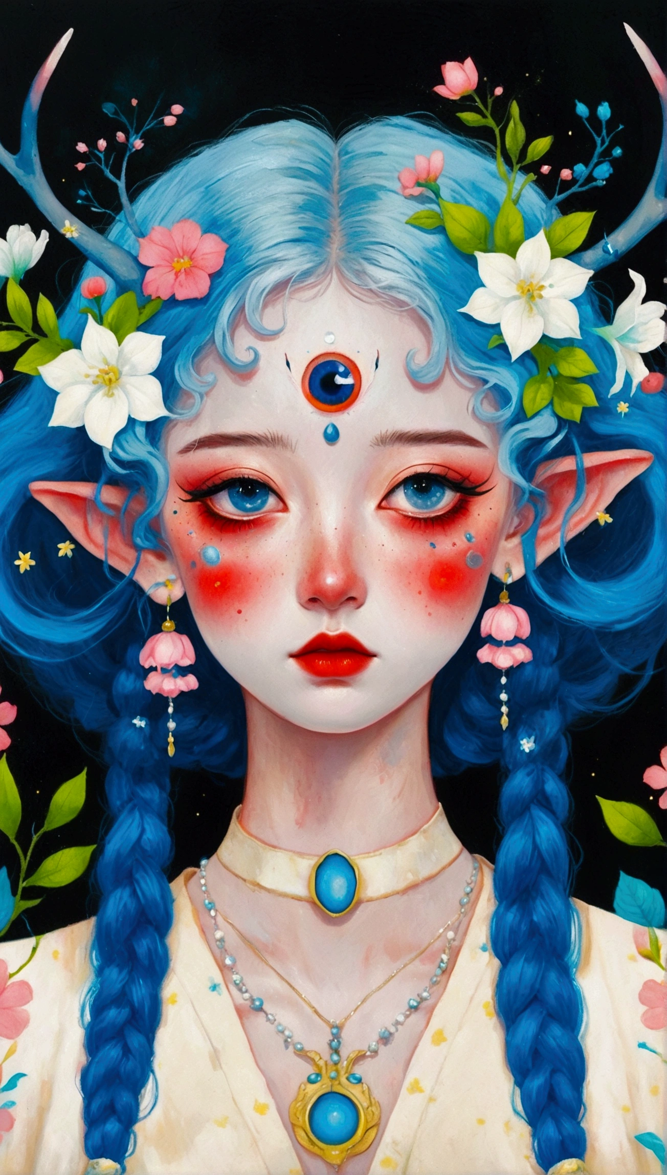 The painting shows a woman with blue hair and blue eyes,Elf ears,Gorgeous antlers,Exquisite accessories,Surrounded by flowers, Nandor Katona (Soldier Nándor) Surrealism, Winner of the Behance competition, Pop surrealism, Pop surrealism lowbrow art style, lowbrow Pop surrealism, japanese Pop surrealism, Third Eye Vision, Star-studded eyes,