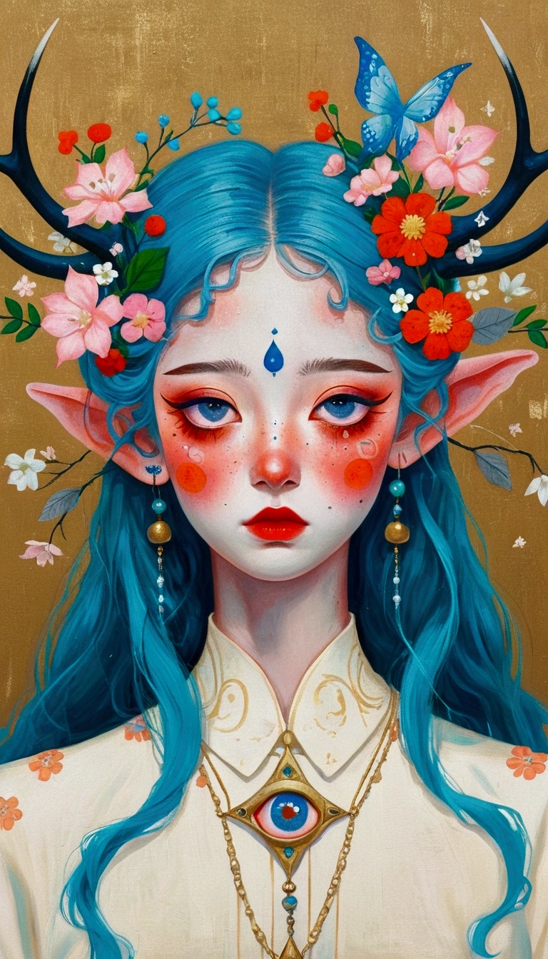 The painting shows a woman with blue hair and blue eyes,Elf ears,Gorgeous antlers,Exquisite accessories,Surrounded by flowers, Nandor Katona (Soldier Nándor) Surrealism, Winner of the Behance competition, Pop surrealism, Pop surrealism lowbrow art style, lowbrow Pop surrealism, japanese Pop surrealism, Third Eye Vision, Star-studded eyes,