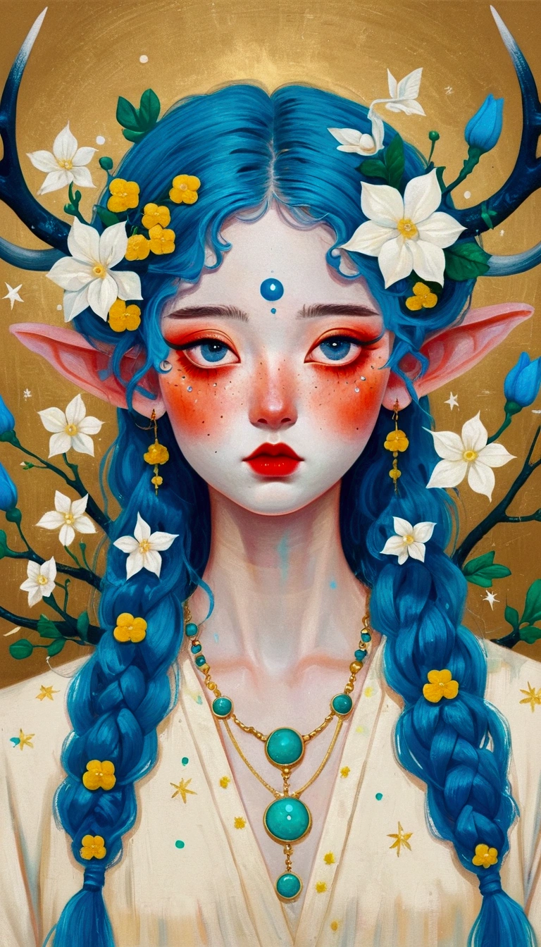 The painting shows a woman with blue hair and blue eyes,Elf ears,Gorgeous antlers,Exquisite accessories,Surrounded by flowers, Nandor Katona (Soldier Nándor) Surrealism, Winner of the Behance competition, Pop surrealism, Pop surrealism lowbrow art style, lowbrow Pop surrealism, japanese Pop surrealism, Third Eye Vision, Star-studded eyes,