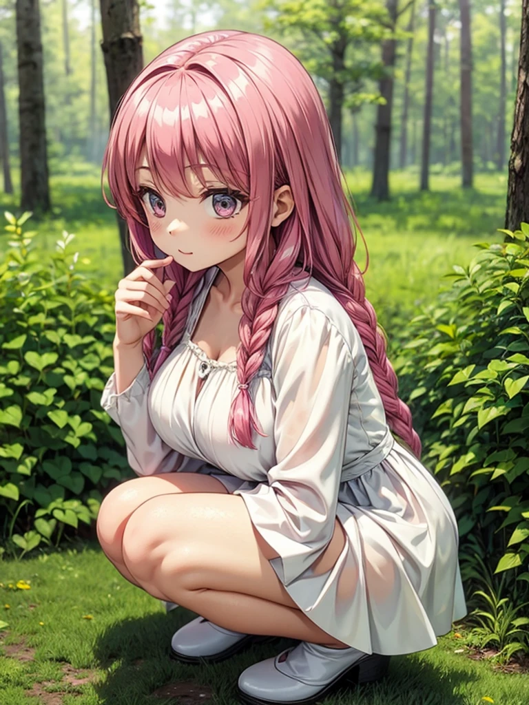 1 Girl、White Dress、Squat、Pink braids、forest、grassland、