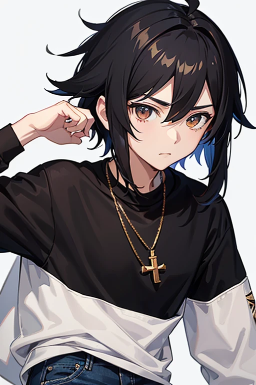 Bennett from Genshin Impact, 16 years old, black hair, brown eyes, open white sweatshirt, black t-shirt, gold cross necklace, blue jeans, looking directly at viewer, white background