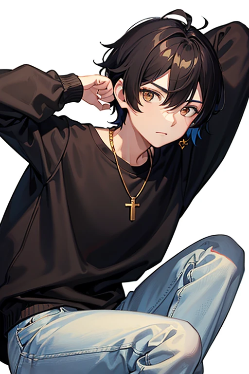 Bennett from Genshin Impact, 16 years old, black hair, brown eyes, open white sweatshirt, black t-shirt, gold cross necklace, blue jeans, looking directly at viewer, white background