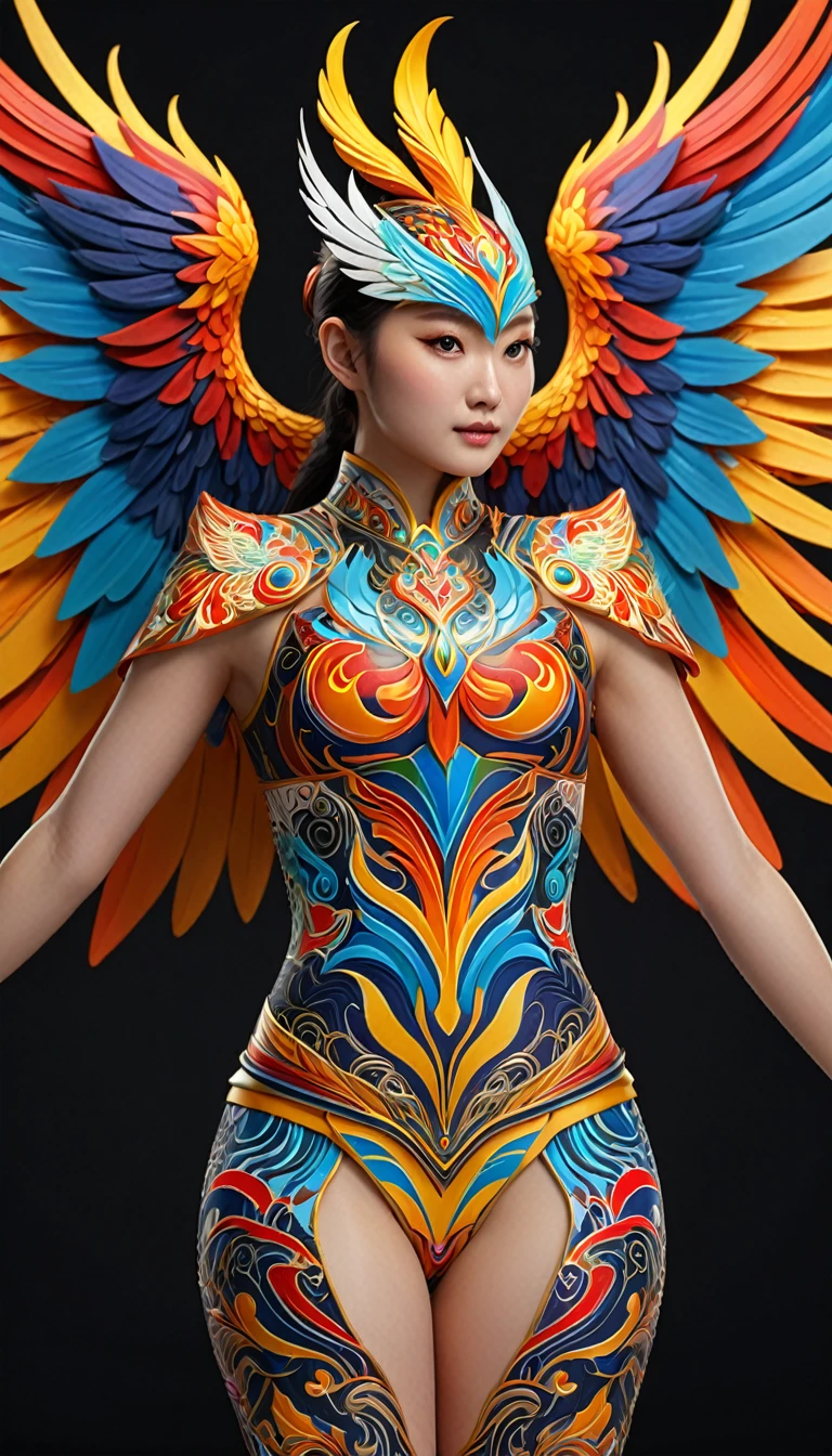 There is a phoenix on the mountain，The body is covered with multicolored patterns，The pattern on the head is the shape of the character "De"，The pattern on the wings is the shape of the character "righteousness"，The pattern on the back is the shape of the character "Rite"，The pattern on the chest is the shape of the character "Ren"，The pattern on the abdomen is in the shape of the character "letter"。(best quality，4K，8k，High level，masterpiece：1.2），Ultra Detailed，（lifelike，Photo real，Photo real：1.37），Highly detailed animals，Complex patterns，Realistic lighting，Fantasy Creatures