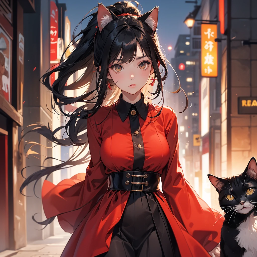 1girl, (Masterpiece, high quality, highly detailed), ((Pigeon breasts, A combination of East-West and conical, with breasts pointing slightly outward and appearing more triangular)), wearing (((Faux fur-trimmed parka dress))), (She has large, almond-shaped, dark brown eyes that draw you in with their depth and warmth. Her small and slightly upturned nose adds a touch of delicate charm to her face. Her full, deep red lips are striking and captivating. Long, straight black hair cascades down her back, complementing her warm medium skin tone with a golden undertone. Thick and arched eyebrows frame her expressive eyes, highlighting her high and defined cheekbones. Her rounded chin and small ears, which sit close to her head, complete her elegant look. Her vibrant and expressive expression reflects a lively and engaging personality.), ((winter theme, background: outside, street), (Bending down to pet a cat))
