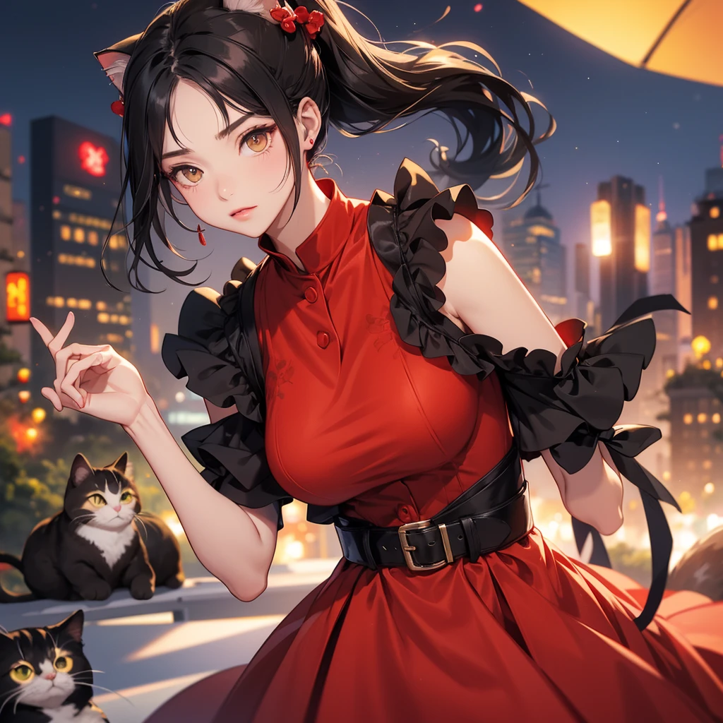 Big Breasts、Cool Girl、Black Hair、High ponytail hairstyle、red clothes、Black Shirt、Dress freely、Brown tabby cat、Cat Ear Pose、evening、super high quality