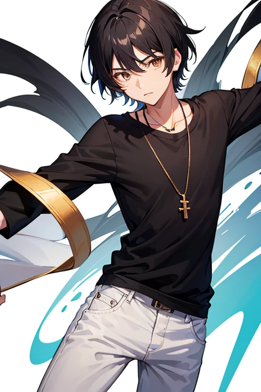 Bennett from Genshin Impact, , black hair, brown eyes, open white sweatshirt, black t-shirt, gold cross necklace, blue jeans, looking directly at viewer, white background