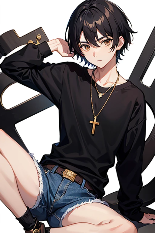Bennett from Genshin Impact, , black hair, brown eyes, open white sweatshirt, black t-shirt, gold cross necklace, blue jeans, looking directly at viewer, white background