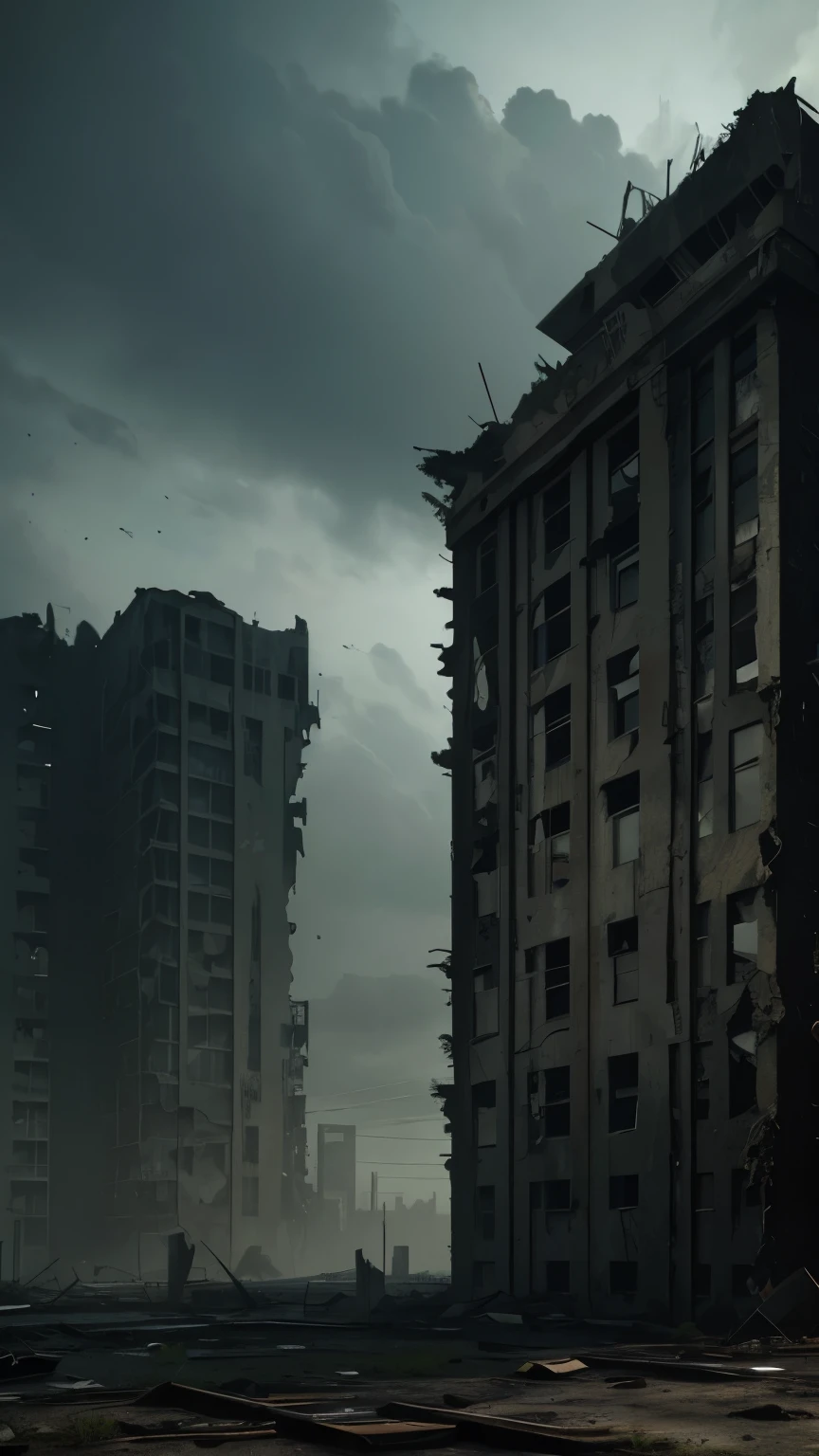 detailed post-apocalyptic, crumbling abandoned buildings, decaying architecture, moody lighting, muted color palette, cinematic composition, high-quality 3D render, realistic details, HDR, photorealistic