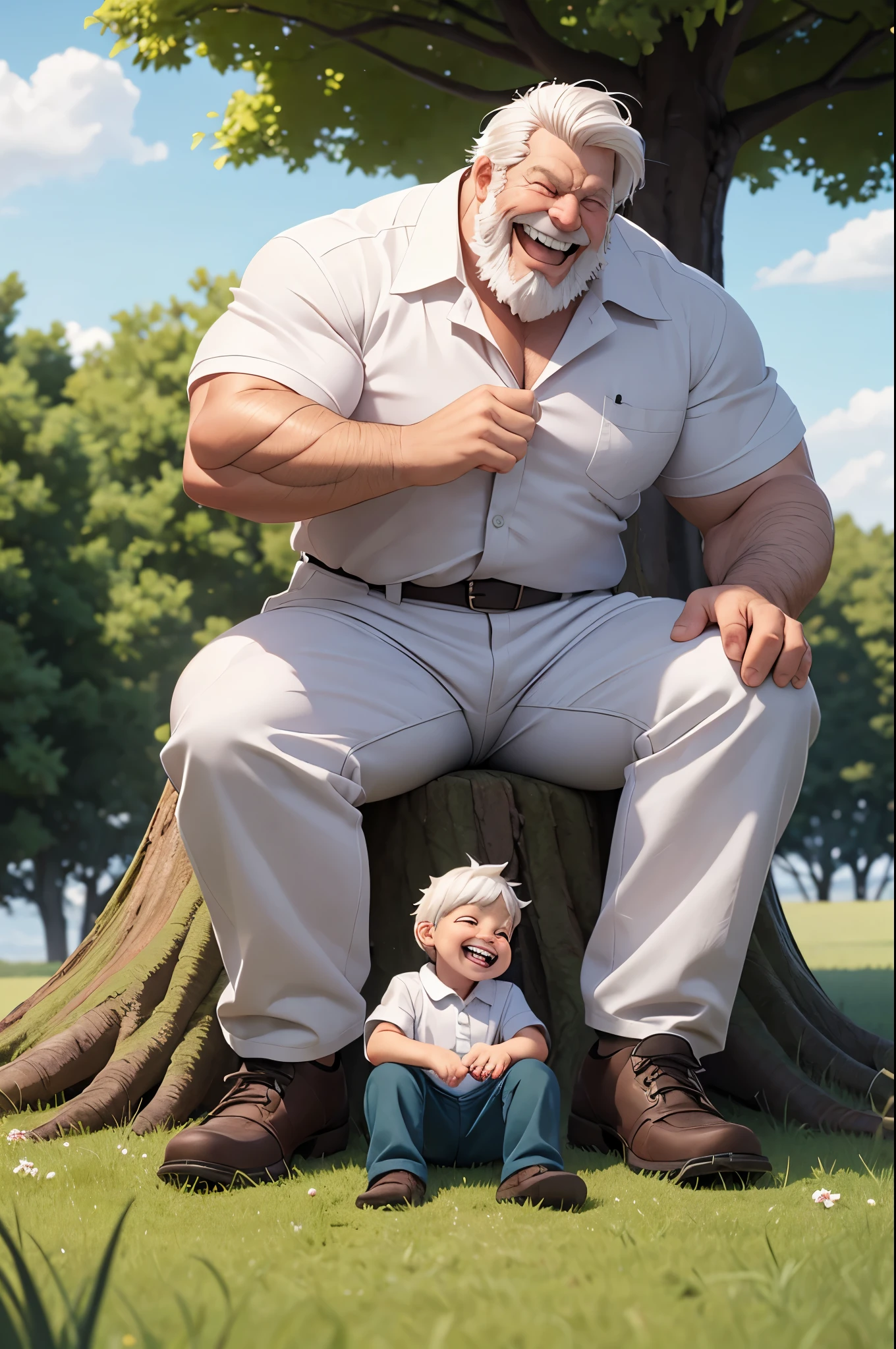 A little boy And old man with a huge muscular build and (short white hair) is sitting in Grassland with a big tree behind it . Laughing, He is wearing a white sleeved shirt) and pants). The scene is highly realistic, with the highest quality and attention to detail, creating a masterpiece.